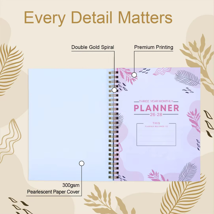 Planer-Notizbuch 2026–2028 mit Blumen-Hochlandkuh-Motiv, spiralgebunden, wöchentliches und monatliches Layout, Softcover, Mehrfarbig - Bild 3