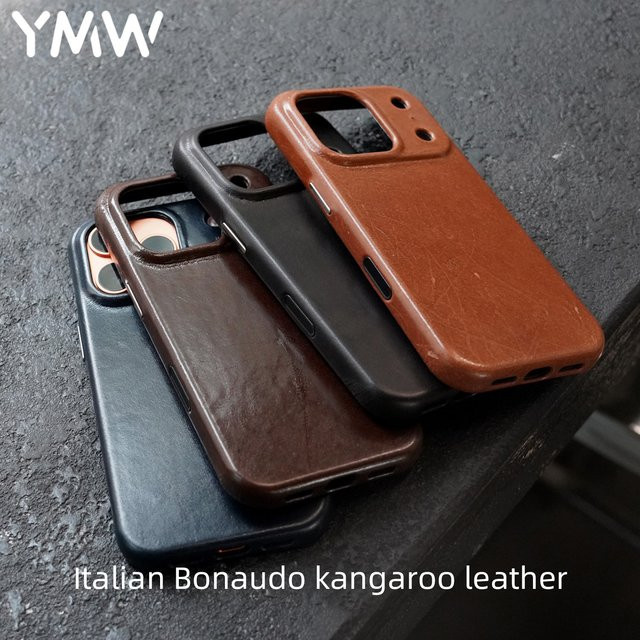 YMW Scars Italienische Känguru-Echtledertasche als magnetische Handyhülle für iPhone 17 16 15 Pro Max in Blau und Braun - Bild 1