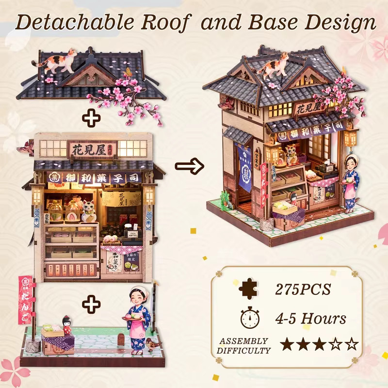 Hanamiya DIY Miniatur-Puppenhaus, 3D Holzpuzzle, Japanischer Wagashi-Laden - Bild 3