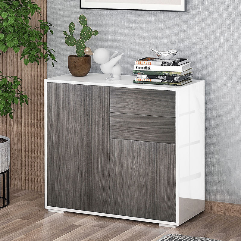 HOMCOM Mehrzweckschrank Kommode mit 2 Schubladen und 2 Türen in Hochglanz Weiß und Hellgrau, B/T/H: 79 x 36 x 74 cm - Bild 2