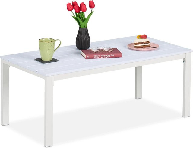 Relaxdays Gartentisch in Weiß, rechteckiger Tisch aus Kunststoff und Stahl in Holzoptik für Garten, Balkon oder Terrasse, B/T/H: 98 x 39 x 48 cm - Bild 1