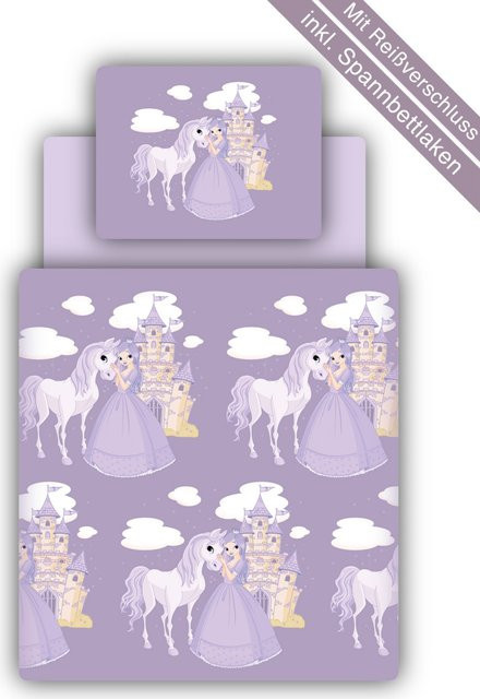TiCAA Kinder Bettwäsche Set mit Bettlaken Prinzessin Design in Lila aus Baumwolle - Bild 1