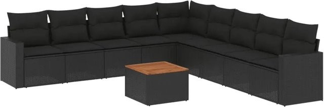 vidaXL 10-teilige Garten-Sofagarnitur mit Kissen aus Poly-Rattan und Akazienholz in Schwarz - Bild 1