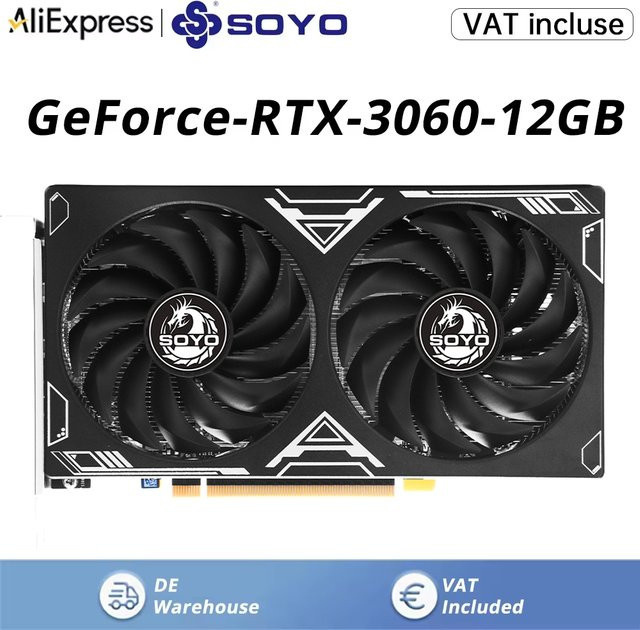 SOYO NVIDIA RTX 3060 Grafikkarte mit 12GB GDDR6 Speicher, 192-Bit, PCI Express 4.0, Schwarz - Bild 1