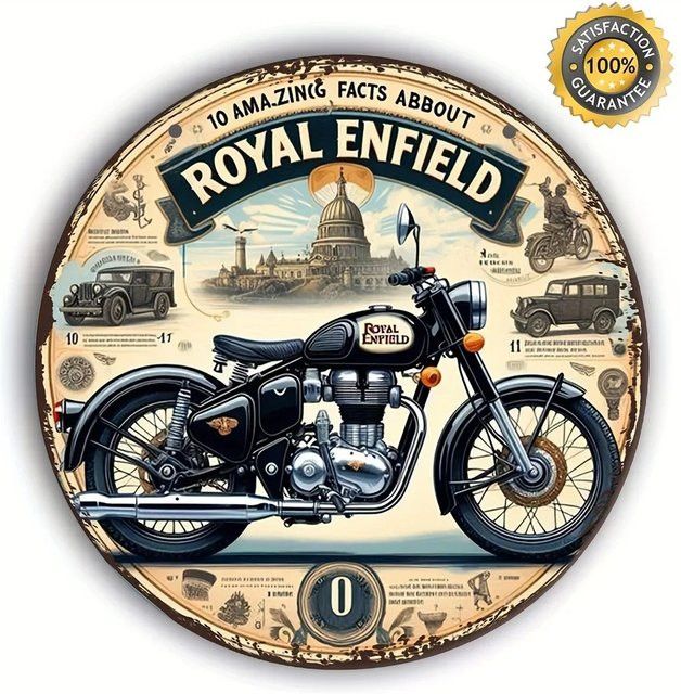 Royal Enfield Vintage Metallschild – Rundes Wandkunst-Dekor mit Motorrad und Big Ben, Durchmesser: 20 cm - Bild 1