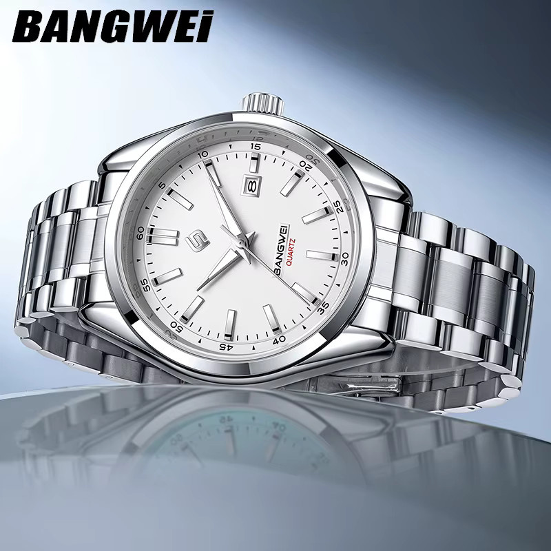 BANGWEI Armbanduhr Quarz, Edelstahl, Silber, Weiß, Herren - Bild 3