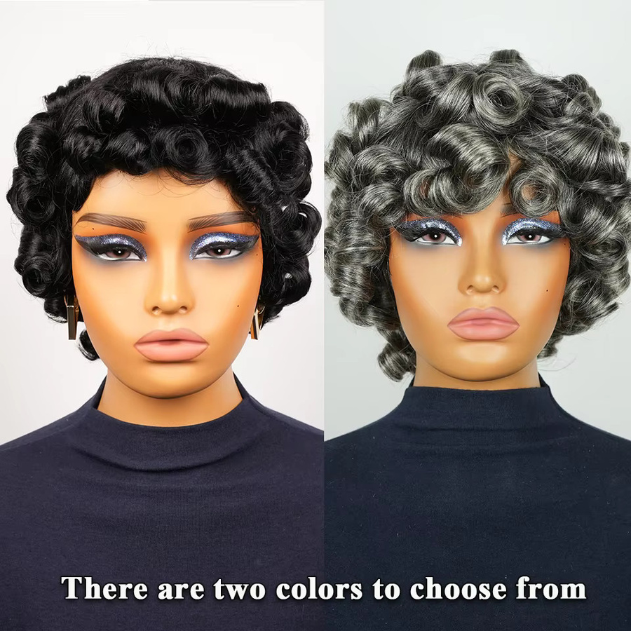 OYM HAIR Echthaar Perücke für Damen, kurz, lockig, Bob-Pixie-Schnitt mit Pony - Bild 5