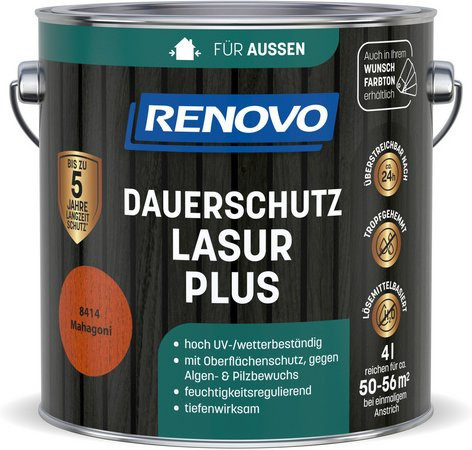 RENOVO Dauerschutzlasur PLUS lösemittelbasierte Holzlasur in Mahagoni Braun, 4,0 l - Bild 1