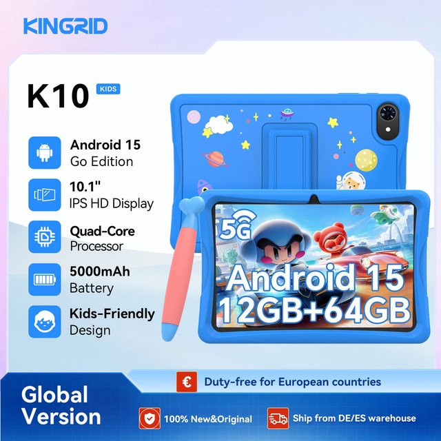 KINGRID K10 Kinder-Tablet mit 10 Zoll Display, Android 15, 4GB RAM, 64GB ROM, 5G WLAN und 5000mAh Akku - Bild 1