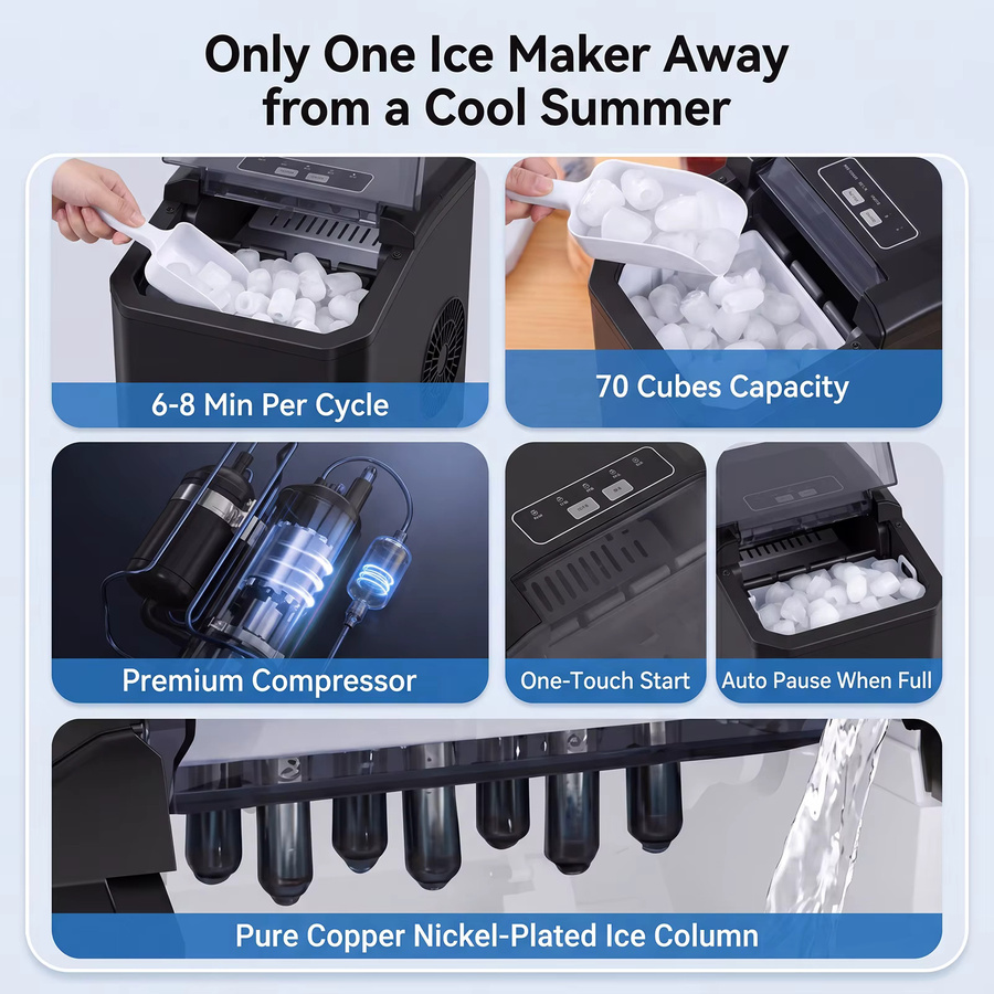 Podofo Mini-Eismaschine in Schwarz mit digitalem LED-Bedienfeld, 15 kg Eisproduktion pro 24 Stunden, inklusive Eisbehälter und Eisschaufel - Bild 5