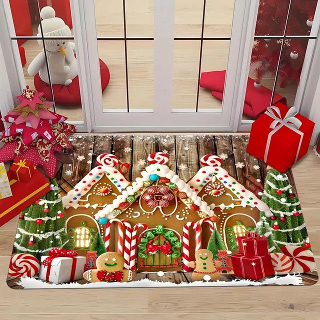VIKAMA Druckteppich Set mit Weihnachtsthema und Süßigkeiten-Hüttenmuster für Schlafzimmer, Eingang, Garten und Terrasse - Bild 1