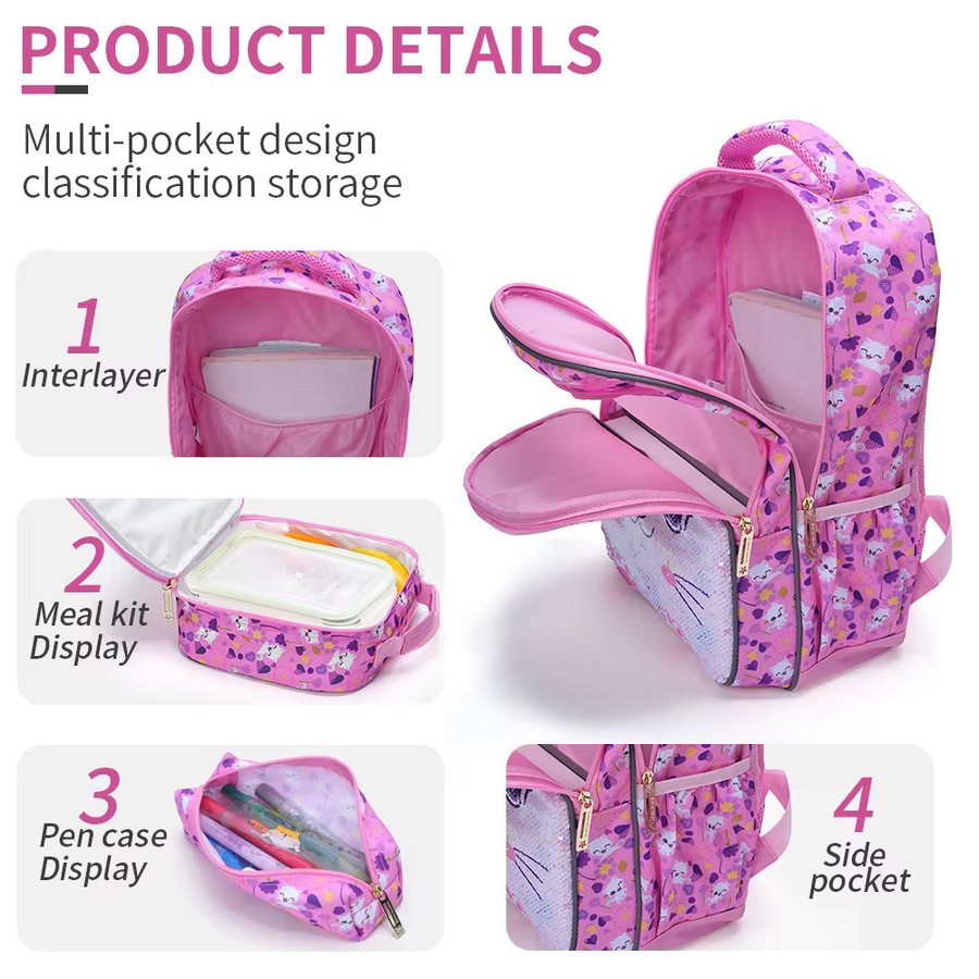 3-teiliges Rucksack-Set für Mädchen von BLING BABIES in Pink mit Cartoon-Kitty-Design, Pailletten und leuchtenden Elementen inklusive Lunchbox und Stifttasche - Bild 2