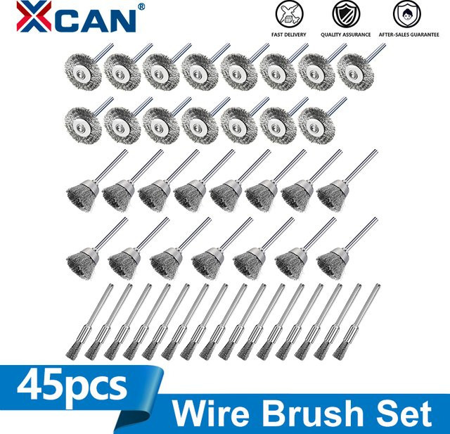 XCAN 45-teiliges Drahtrad-Topfbürsten-Set aus Edelstahl in Silber für Mini-Dremel-Rotationswerkzeuge zur Metall-Rostentfernung und Polierung - Bild 1