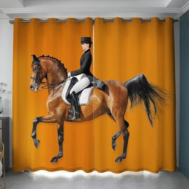 Zweiteiliges Set halbtransparente Fenstervorhänge mit Pferdemotiv, Kastanienstuten und Fohlen auf Sommerwiese, Farbe Orange, Breite: 60 cm, Höhe: 60 cm - Bild 1