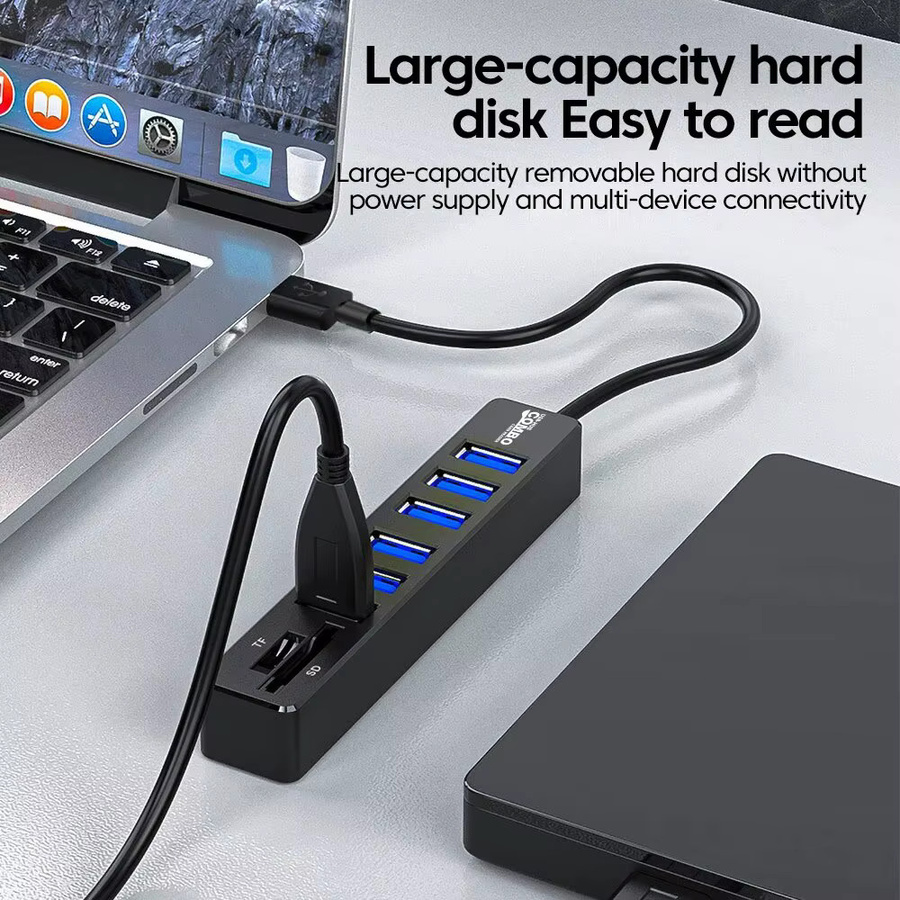 USB 2.0 Multi Port Hub mit 6 Anschlüssen und TF SD Kartenleser Adapter in Schwarz für Laptop und PC - Bild 3