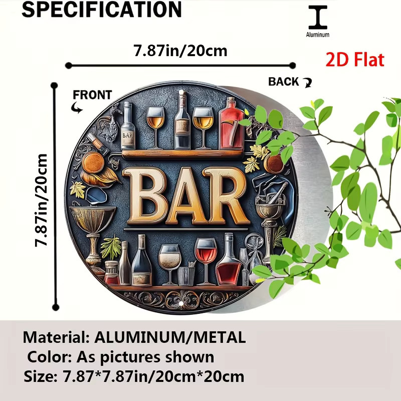 Potdemiel Vintage-Metallschild Bar Motiv mit Wein und Gläsern, rundes Retro-Wandkunst Poster aus Aluminium, Mehrfarbig, Durchmesser: 20 cm - Bild 2