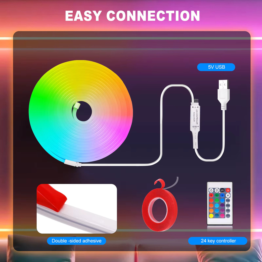 HEGEHE RGB Neon Flex LED Streifen mit Fernbedienung, USB-Betrieb, wasserdicht und selbstklebend, Multicolour - Bild 3