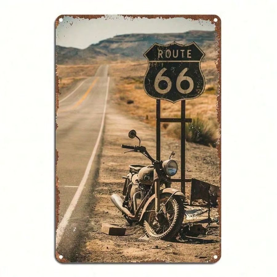 Vintage Route 66 Motorrad Metallblechschild von CIFBUY als Retro-Wanddeko für Garage, Bar oder Café - Bild 2