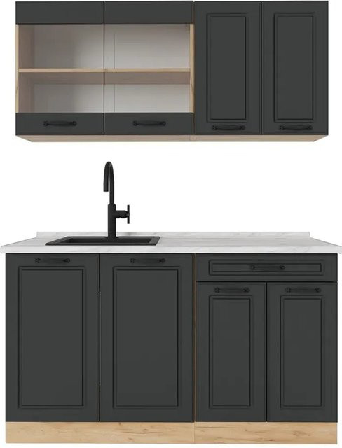 Vicco R-Line Singleküche Landhausstil in Anthrazit und Eiche mit Marmor-Arbeitsplatte, Breite: 140 cm - Bild 1