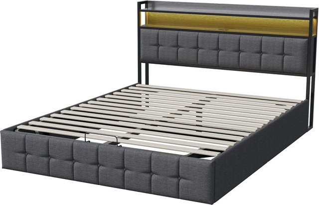 PXloue Polsterbett aus Leinen mit Stauraum und USB-Anschluss in Grau, B/T/H: 140 x 200 x 105 cm - Bild 1