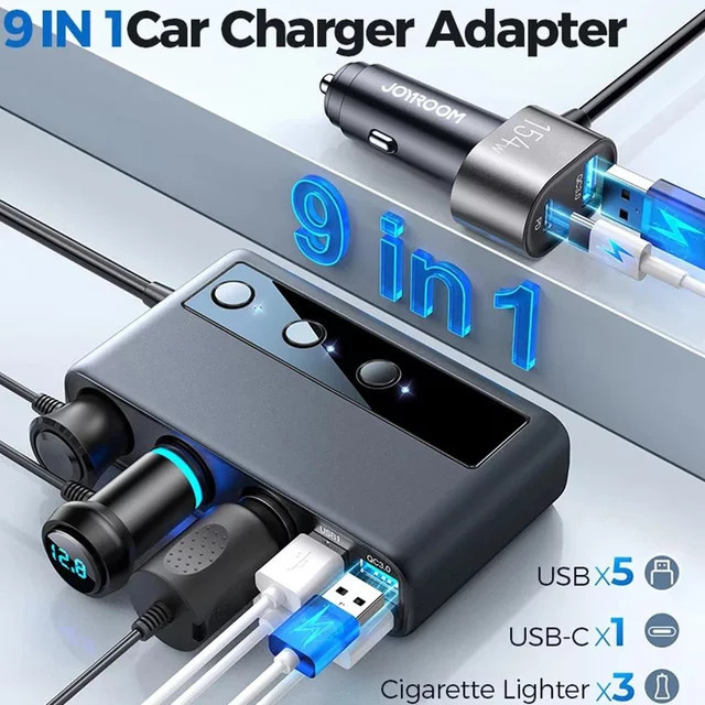 Joyroom 154W Auto Ladegerät Adapter mit 3 Steckdosen und unabhängigen Schaltern in Schwarz - Bild 1