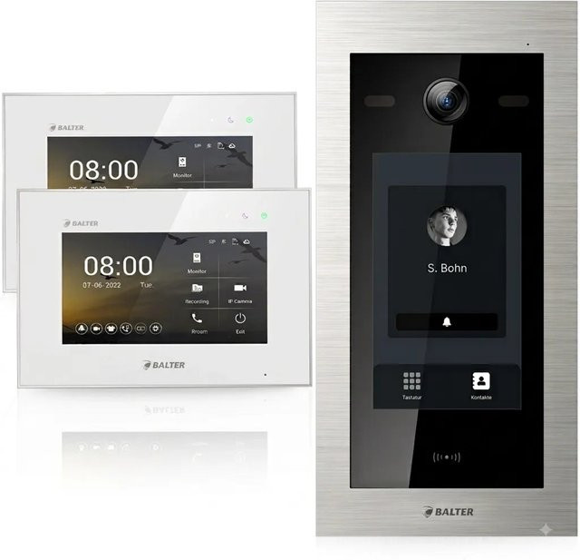Balter EVO HD Video Türsprechanlage mit Touchscreen und RFID für Zweifamilienhäuser, 2x 7 Zoll Monitor, Silber Weiß - Bild 1