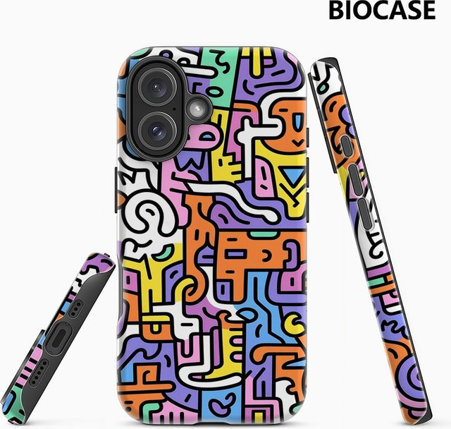Handyhülle mit buntem abstraktem Doodle-Muster für iPhone 17 16 15 14 13 Pro Max Plus mit doppelschichtiger Rückseite, Mehrfarbig - Bild 1