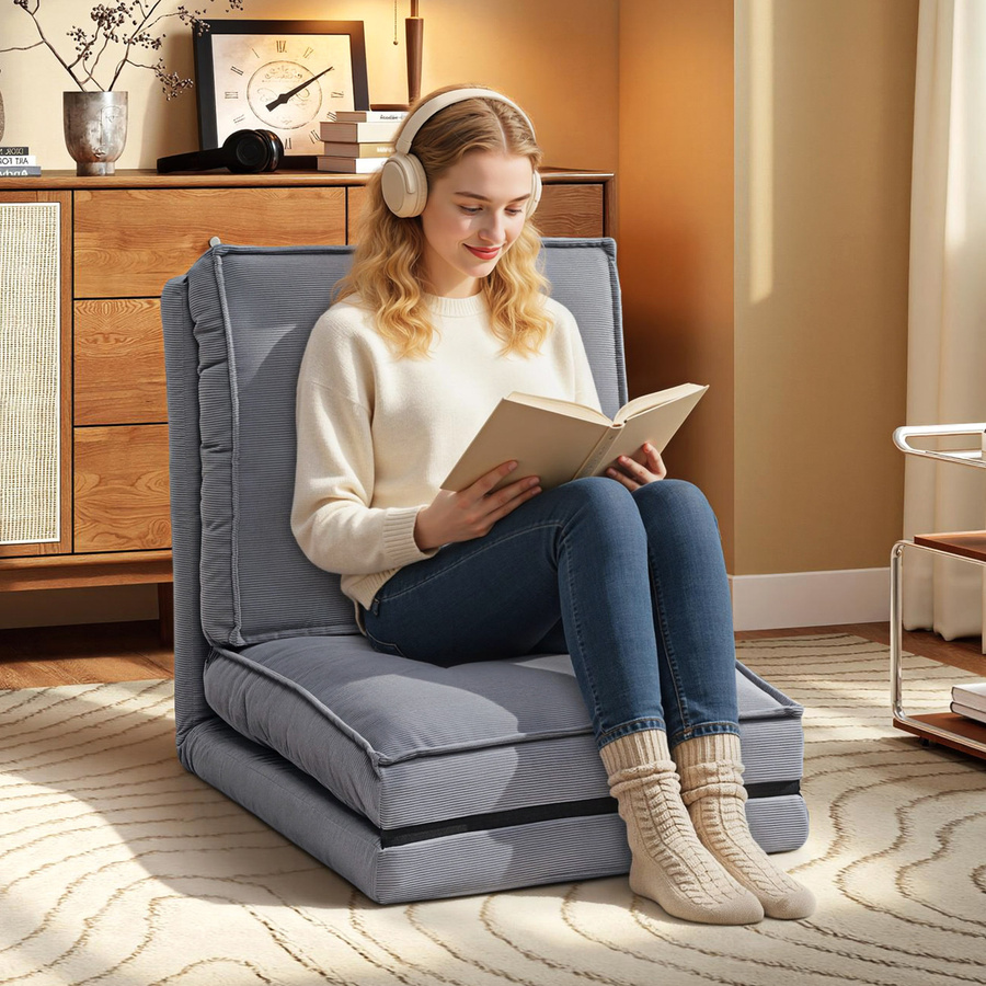 HOMCOM Klappbarer Bodensessel aus Cordvelours in Grau, 5-fach verstellbare Bodenliege-Matratze als gepolstertes Schlafsofa für Wohnzimmer, Büro oder Schlafzimmer, B: 230 cm, H: 59 cm, T: 15 cm - Bild 2