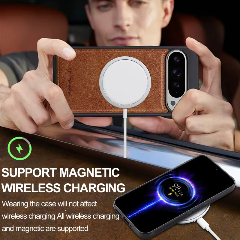 EUCAGR MagSafe Magnetische Drahtlose Lade Hülle aus PU Leder für Google Pixel 10 Pro XL 9 Pro XL 8 Pro 7 Pro in Blau und Braun - Bild 5