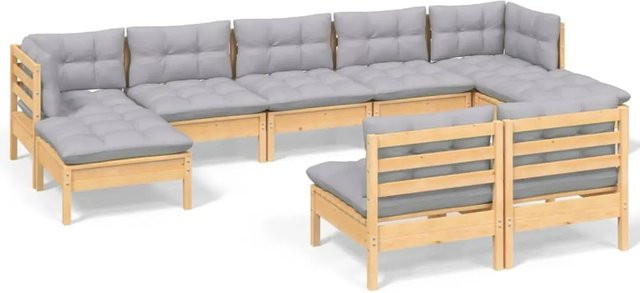 vidaXL 9-tlg Garten-Lounge-Set aus massivem Kiefernholz mit grauen Kissen - Bild 1