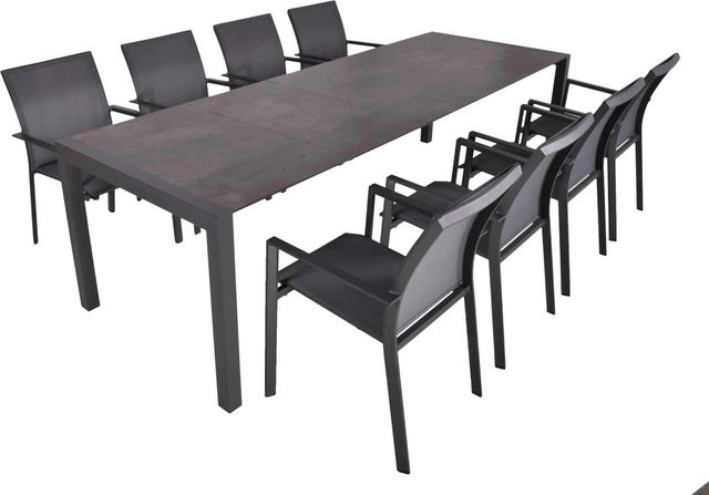 DELUKE Garten-Sitzgruppe HAUKE 9-teiliges Gartenmöbel-Set in Grau mit ausziehbarem Esstisch und Stapelstühlen aus Aluminium und Kunststoff - Bild 1
