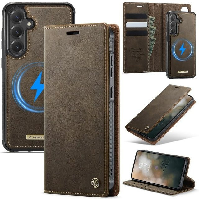 Magnetische Leder-Geldbörse Handyhülle für Samsung Galaxy S26 Plus S25 FE S24 Ultra S23 S22 S21 A17 A56 A36 5G mit kabellosem Laden in Schwarz, Braun, Lila, Blau und Rot - Bild 1
