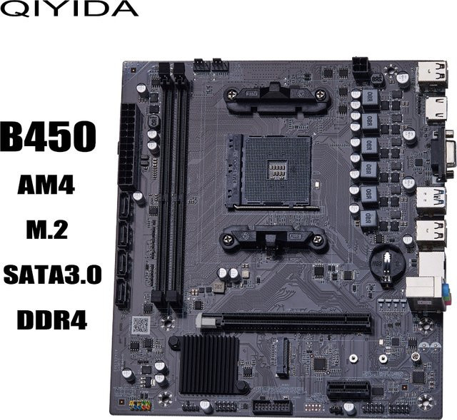 QIYIDA B450 Motherboard für AM4 CPU, unterstützt DDR4 Desktop RAM, NVME NGFF M.2 und USB 3.0, Farbe: Schwarz - Bild 1