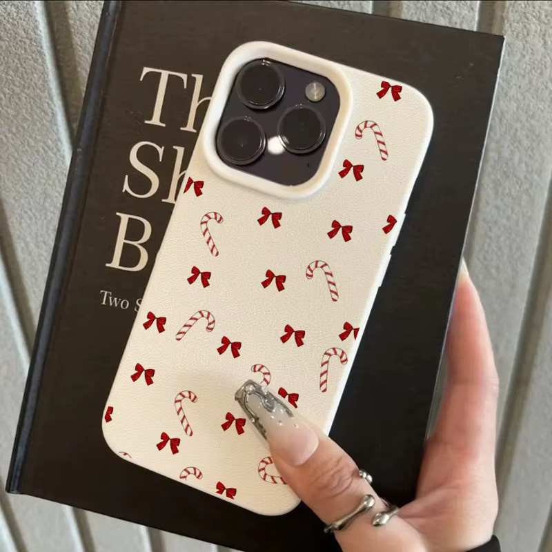 Apple iPhone Schutzhülle mit Bow-Knot Candy Cane Print und Lychee-Textur in Beige, passend für iPhone 17, 16, 15 Pro Max Plus Serien - Bild 2