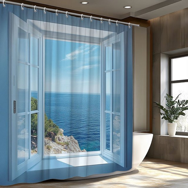 VIKAMA Duschvorhang mit Meerblick-Motiv in Weiß und Blau, wasserdicht, B/H: 90 x 180 cm - Bild 1