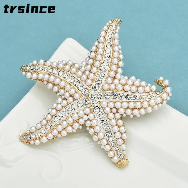 Trsince Brosche, weiße Perlen, Seestern, Strasssteine, Unisex - Bild 1