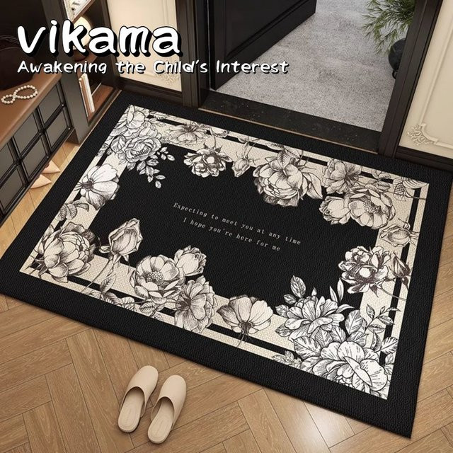 VIKAMA Fußmatte für den Eingangsbereich, floral, Schwarz, B/T: 60 x 40 cm, rutschfest und schmutzabweisend - Bild 1