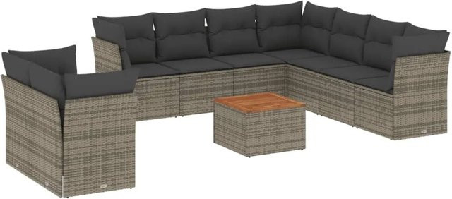 vidaXL 10-teilige Garten-Sofagarnitur aus Poly-Rattan und Akazienholz in Grau mit Kissen - Bild 1