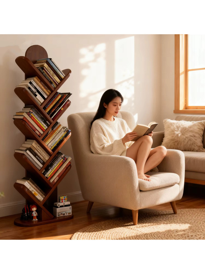 XIUWO Baum-Bücherregal aus massivem Holz in Braun und Weiß, modernes offenes Lagerregal für Wohnzimmer und Heimbüro - Bild 6