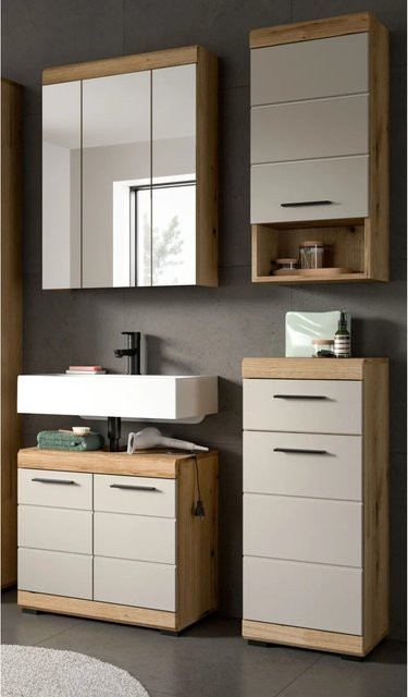 Inn.Furn Badmöbel Set Shawn 4-teilig in Sand und Eiche mit Spiegelschrank, Waschbeckenunterschrank, Hängeschrank und Kommode, Breite: 112 cm - Bild 1
