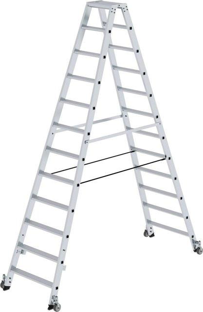 PROREGAL Stufen-Stehleiter beidseitig begehbar mit Rollen, Silber, 2 x 12 Stufen - Bild 1