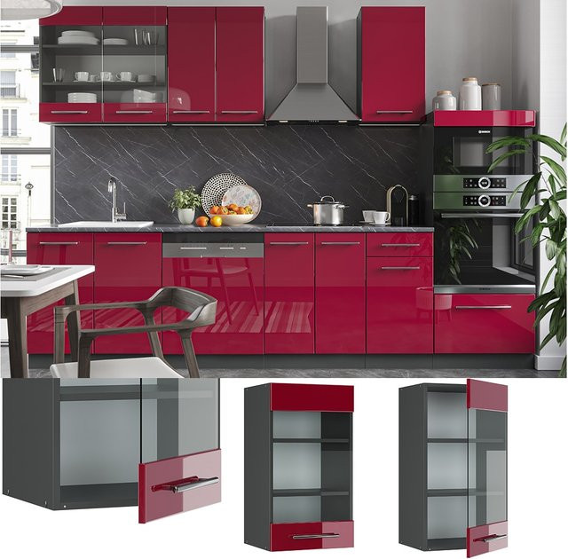 Vicco Küchen-Hängeglasschrank Fame-Line in Bordeaux Hochglanz und Anthrazit mit Soft-Close-Türen, Breite: 40 cm - Bild 1