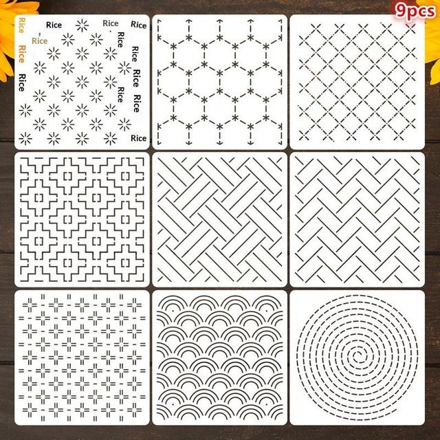 Drinky Sashiko Quiltschablonen-Set aus Kunststoff, 9-teiliges Stickschablonen-Set für DIY Handarbeit, Nähen und Patchwork, Weiß - Bild 1