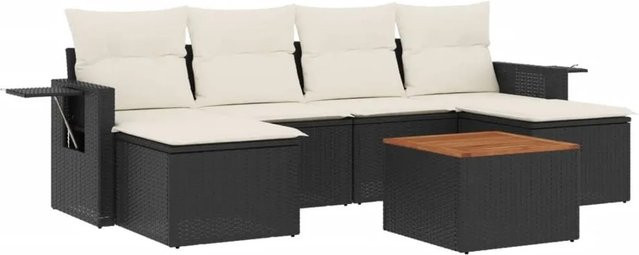 vidaXL 7-tlg. Garten-Sofagarnitur aus Polyrattan in Schwarz mit Kissen und Ottoman für Terrasse und Garten - Bild 1