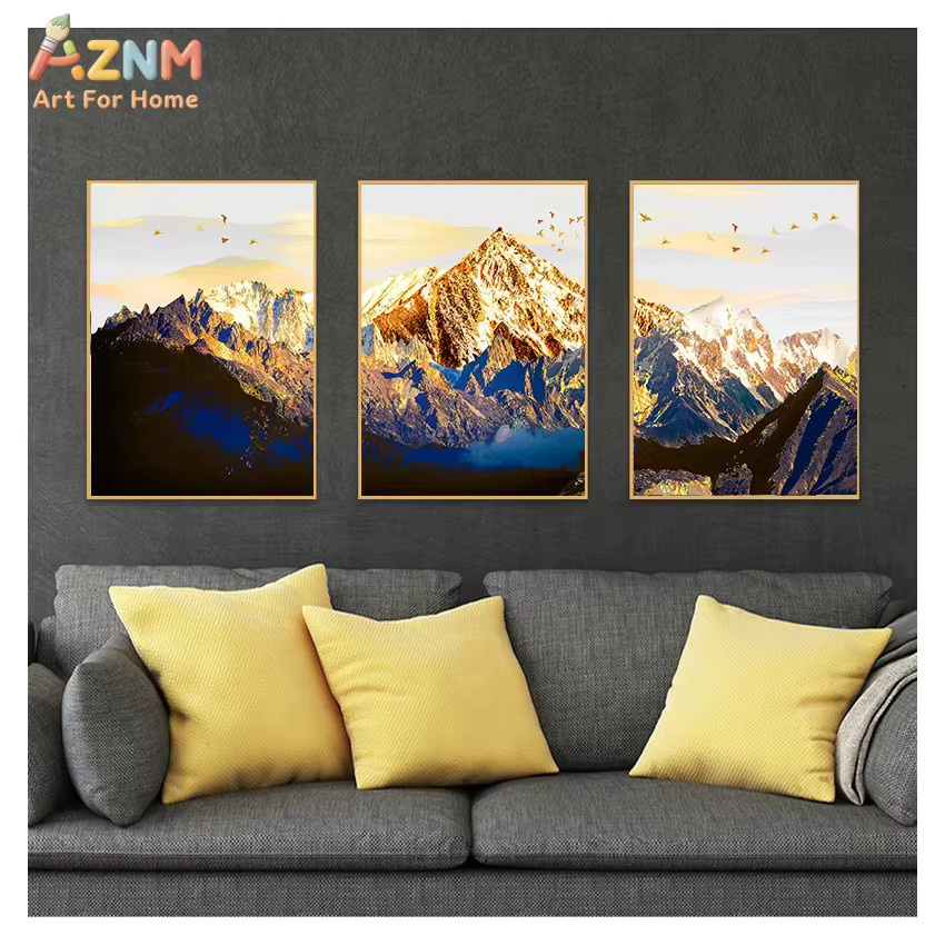 AZNM Leinwand-Wandkunst Golden Snow Mountain Flying Birds, moderner abstrakter Landschaftsdruck in Gold, ungerahmtes Leinwandgemälde für dein Wohnzimmer - Bild 2