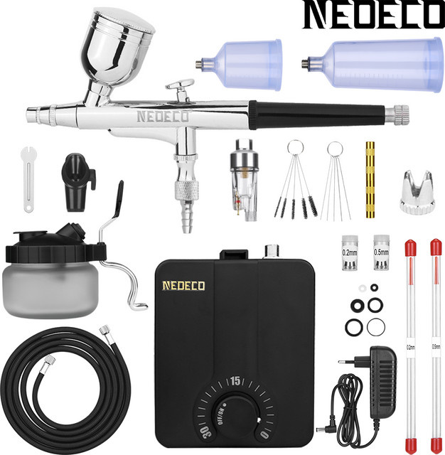 NEOECO Dual-Action-Airbrush-Kit mit 30 PSI Hochdruck-Kompressor, automatischer Stoppung und stufenloser Steuerung zum Lackieren von Modellen, Make-up und Nägeln - Bild 1