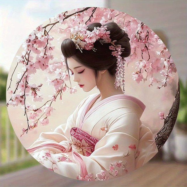 HELLOYOUNG Metallschild Rund mit Kimono-Frau und Sakura Design, Wanddekoration Multicolour, Durchmesser: 20,32 cm - Bild 1