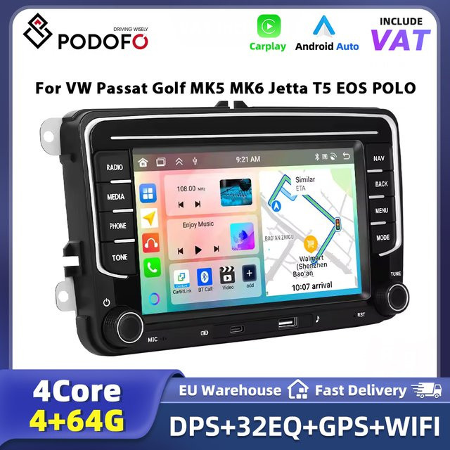 Podofo 7 Zoll Android Auto Multimedia-Player mit GPS und Bluetooth in Schwarz für VW Volkswagen Seat Skoda POLO BORA GOLF PASSAT 2Din Autoradio - Bild 1