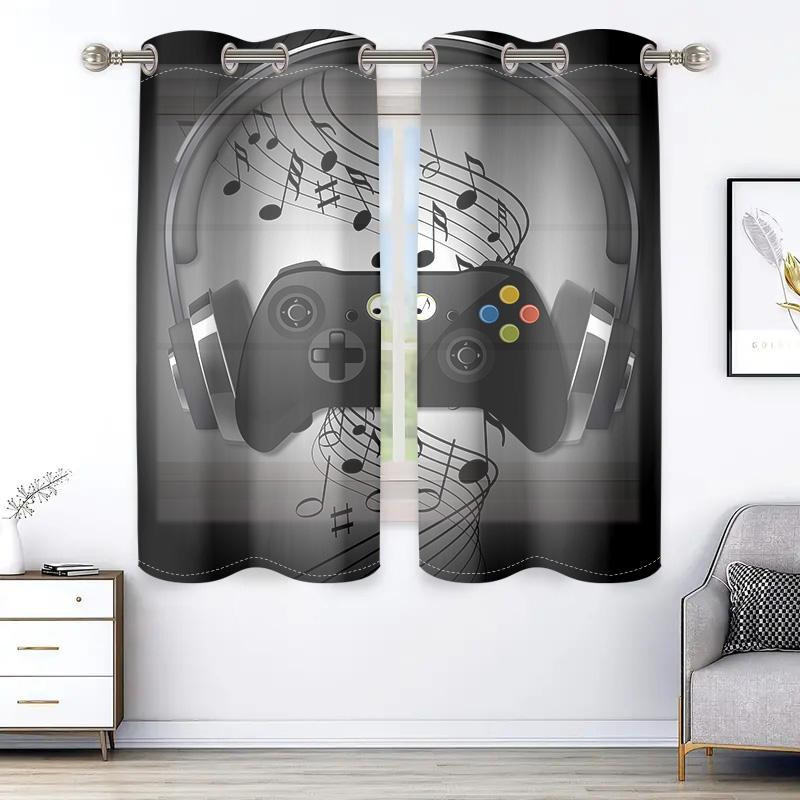 2er-Set Vorhänge mit Retro-Kopfhörer und Gamecontroller-Motiv in Schwarz, halbtransparent, B: 150 cm, H: 166 cm - Bild 3