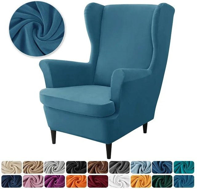 Bestbags Samt Ohrensesselbezug mit Sitzkissenbezug, elastischer Stretch-Sofabezug in Blau - Bild 1